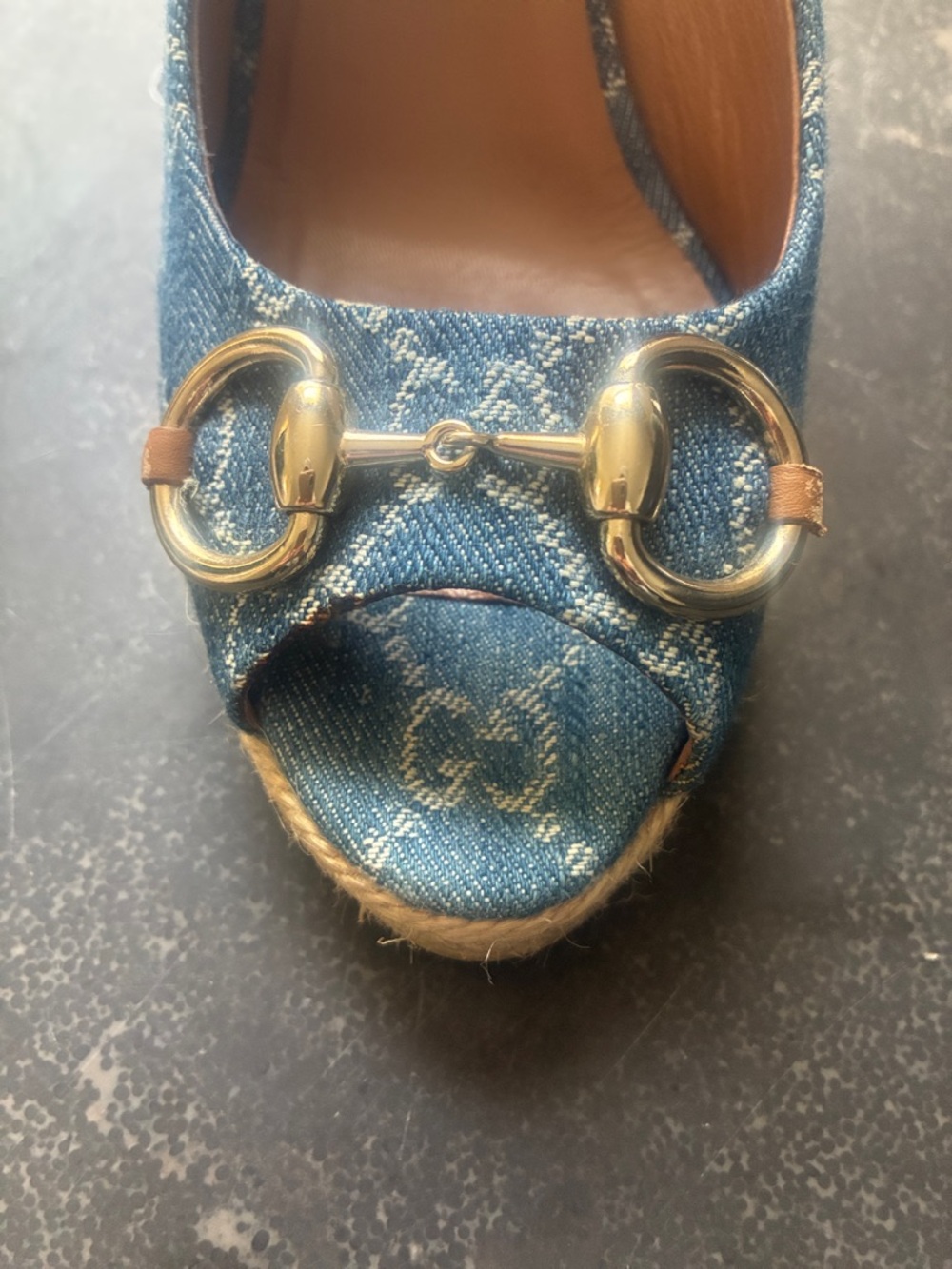 Gucci GG Monogram Peep Toe Blue Denim Horsebit Espadrille Wedges 39 Vintage - Picture 9 of 13